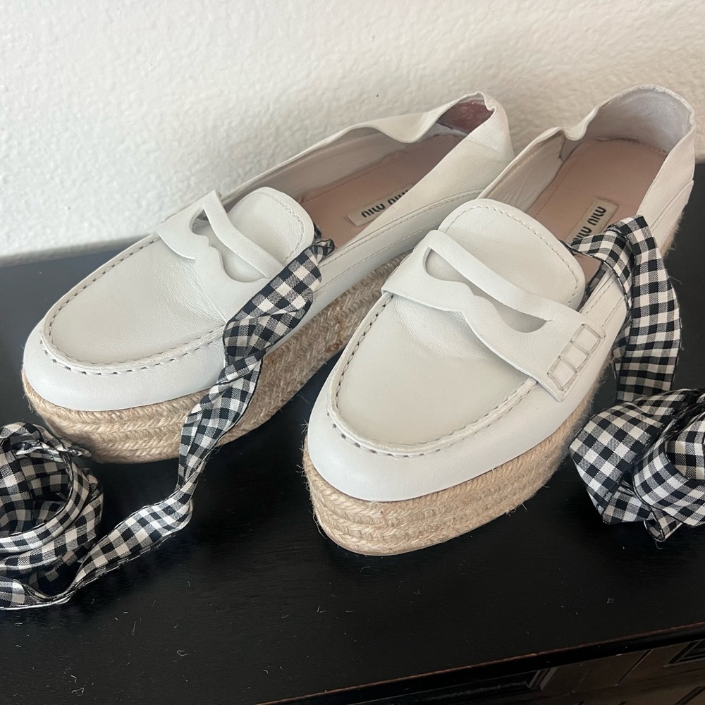 Miu Miu White Espadrille Flats with Checkered Laces